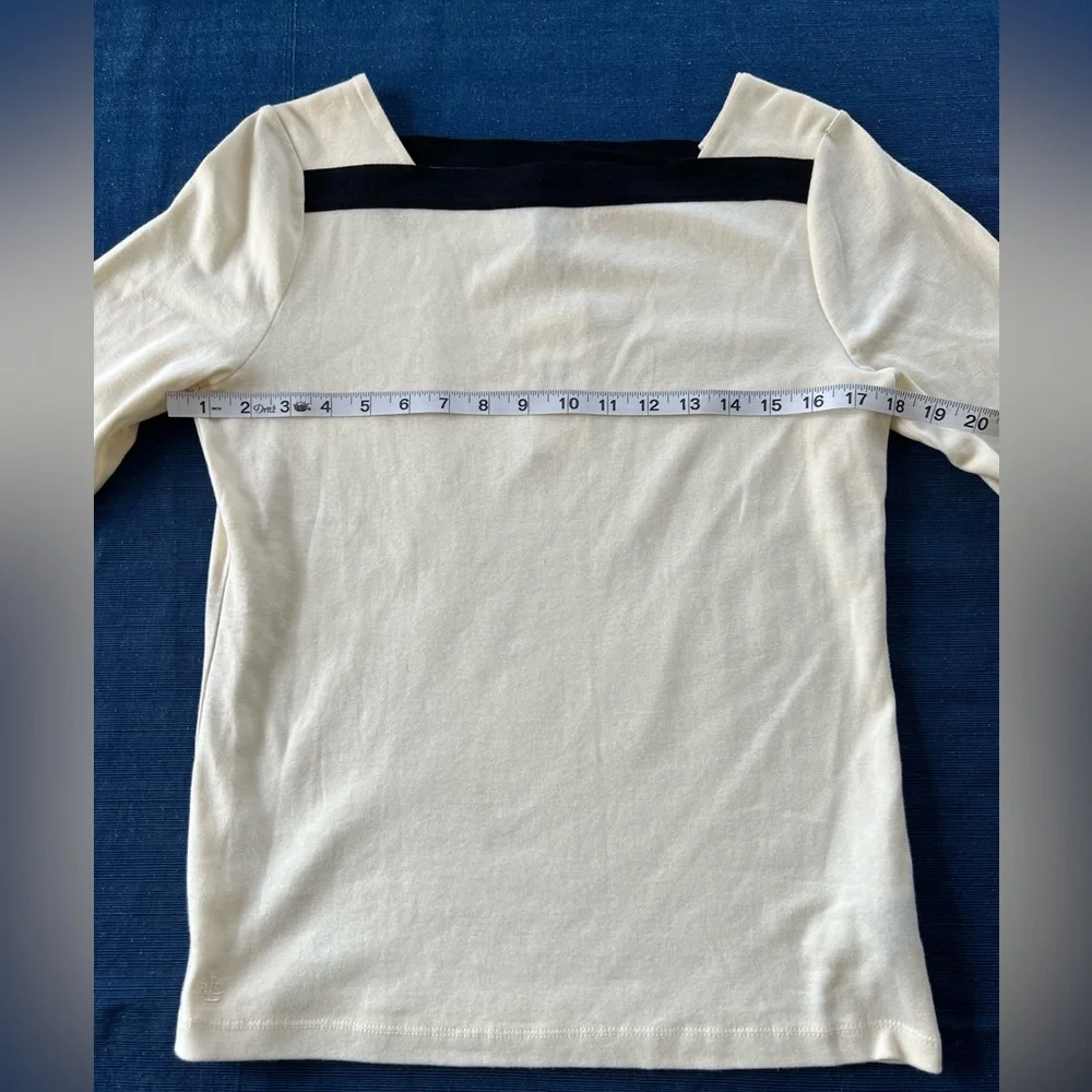 NWT Lauren Ralph Lauren | Cream 3/4 Sleeve Top Black Stripe Neckline Size Med - Picture 8 of 9